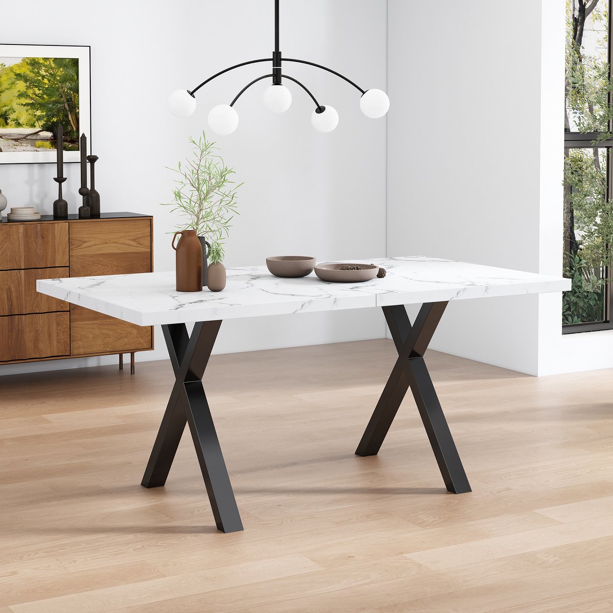 COVREO Eettafel 140 x 80 x 76 cm - wit marmerlook fineer, metalen X-poot, 130 kg