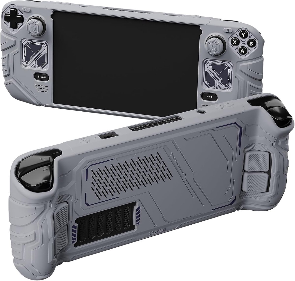 SnelShoppen - Mecha Protective Case voor Steam Deck - Shockproof Siliconen Grip Cover met Achterknoppen, Duimgrepen en Stickers - Grijs - Optimale Bes