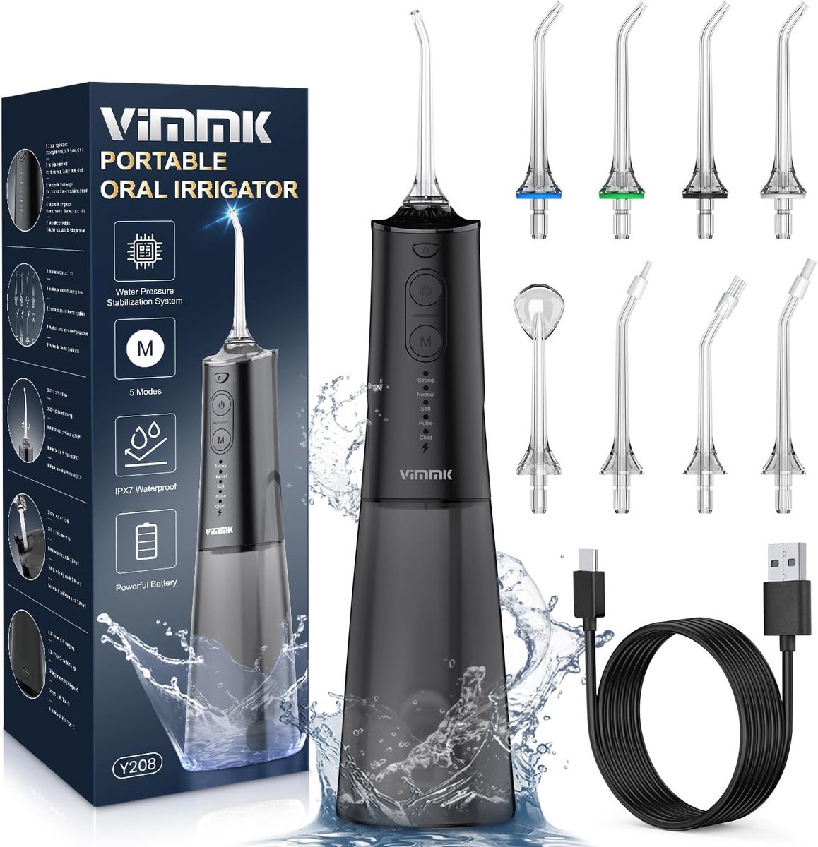 SnelShoppen - Draadloze Professionele Mond irrigator met 8 Mondstukken, 5 Instellingen, IPX7 Waterdicht, 300 ml, USB C Oplaadbaar, Tandreiniging Thuis