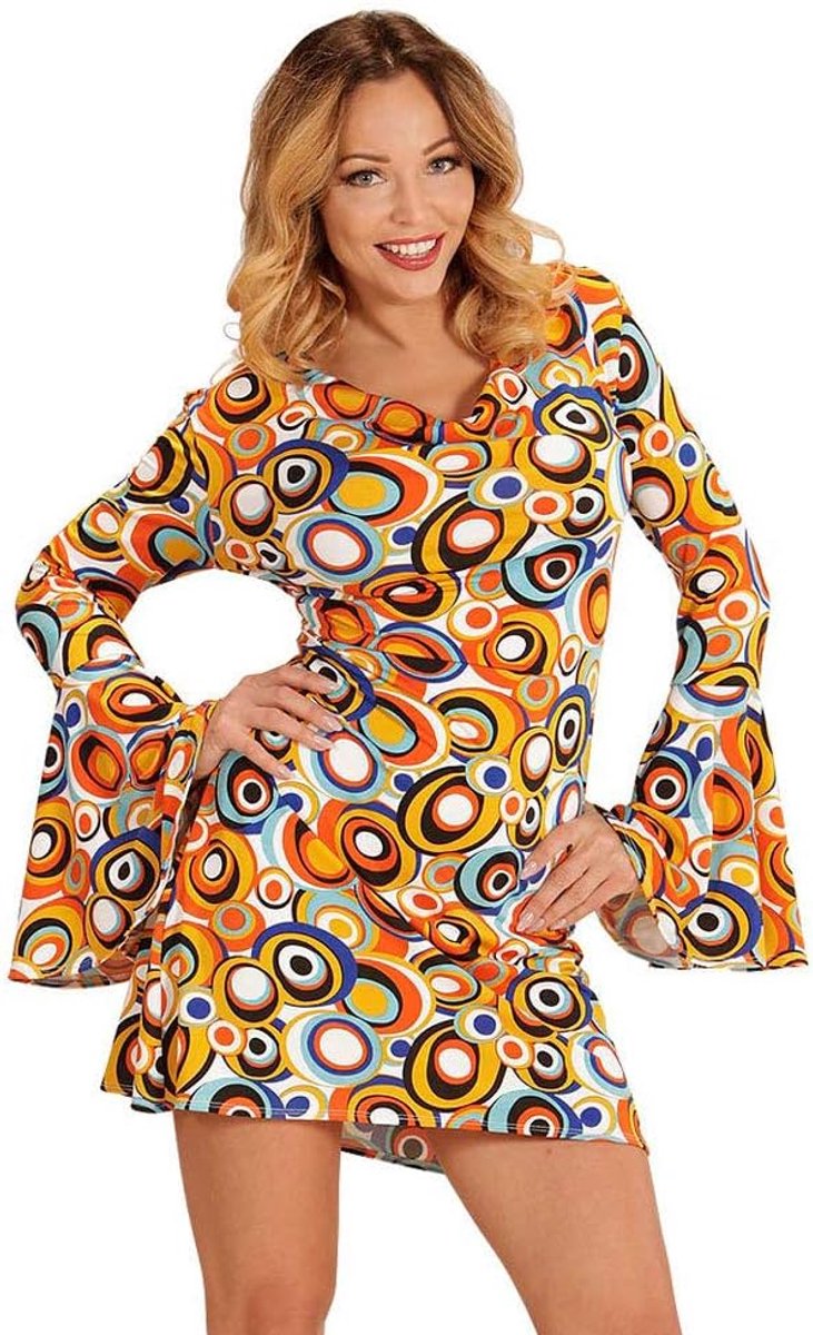 SnelShoppen - 70s Disco Kostuum voor Volwassenen - Dansende Koningin Outfit met Korte Kleurige Jurk en Trompetmouwen - Carnaval, Feest, XXL