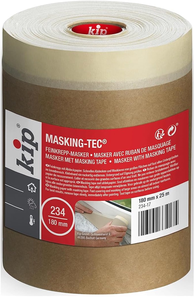 SnelShoppen - Kip Cover Material voor Oppervlakte Bescherming 180 mm x 25 m | Verf Tape voor Raamkozijnen, Plinten, Hittebestendig tot 80 °C, 2-in-1 O