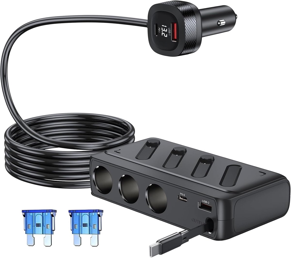 SnelShoppen - 8-in-1 Sigarettenaansteker Verdeler, USB-C PD & QC 3.0 Snellader voor Auto - 187W, LED Voltmeter, Perfect voor Koelbox, GPS, Camera, 12V
