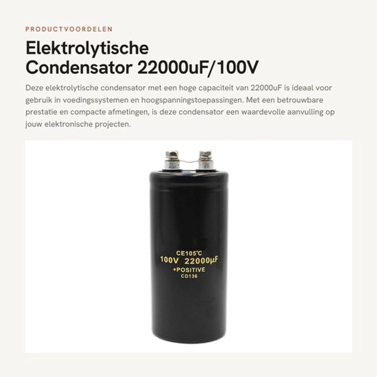 Elektrolytische Condensator 22000uF/100V voor Voedingssystemen