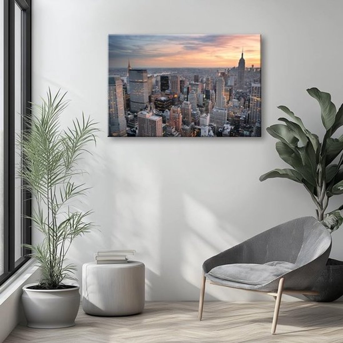 Schilderij 120x80 cm New York Skyline Zonsondergang - Canvas - Wanddecoratie - Kunstdruk - Houten frame - Direct klaar voor gebruik - Canvasprint