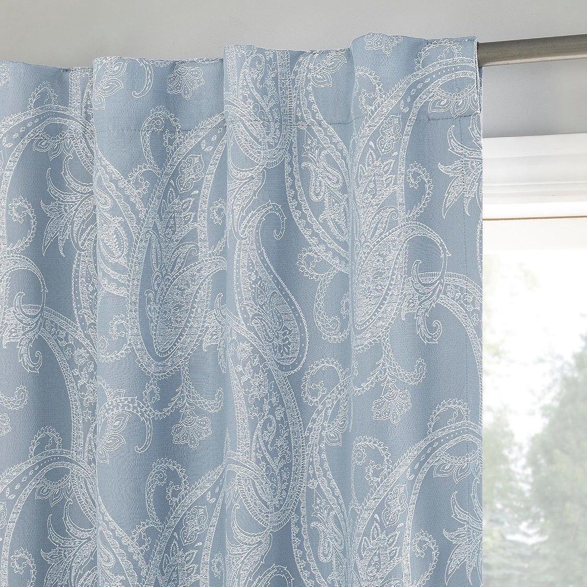 SnelShoppen - 100% Blackout Gordijnen Paneel 40 x 96 Inch met Paisley Borduursel, Geluiddempend, Warmte-isolerend, Stil Blauw voor Slaapkamer en Woonk
