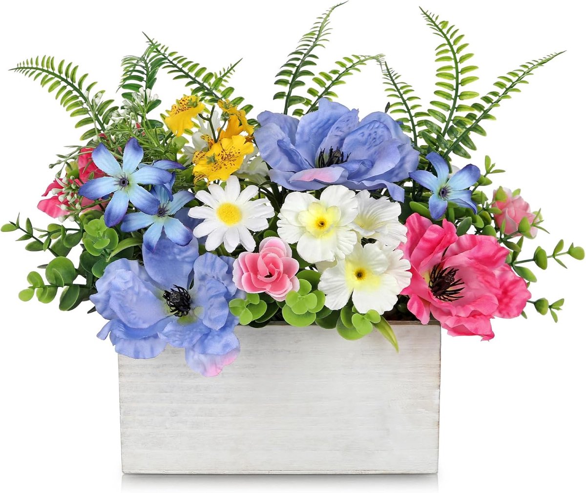 SnelShoppen - Kunstbloemen in Houten Pot 19cm - Faux Zijde Bloemarrangement met Blauwe Poppy's en Eucalyptus - Perfect voor Tafeldecoratie, Keuken, en
