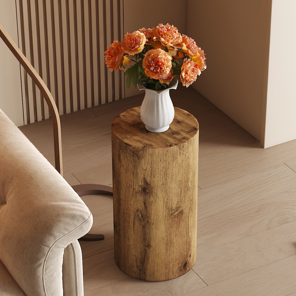 COVREO Bijzettafel 30x30x55 cm – wood, rond MDF met houtlook, montagevrij