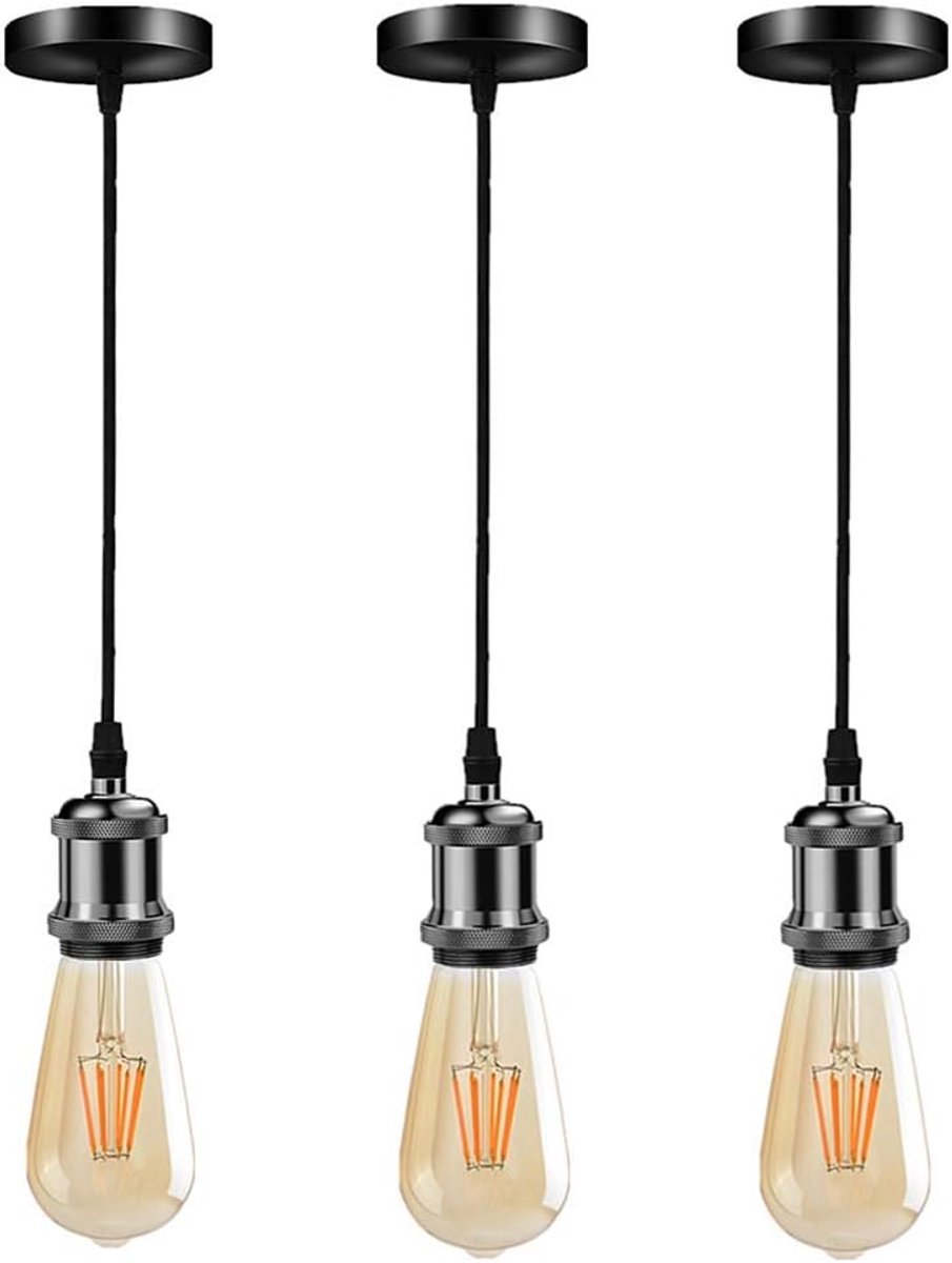 SnelShoppen - Industriële Hanglamp Set - Pendellicht met Verstelbare Kabel voor Keuken, Bar, Restaurant en Slaapkamer - Zwart - 3-Pack