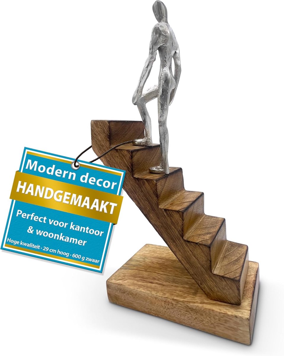 SnelShoppen - Decoratieve Sculptuur 'Top of The Rock' Motivational Beeld 29cm - Houten & Metalen Standbeeld voor Woonkamer, Bureau & Kantoor - Inspira