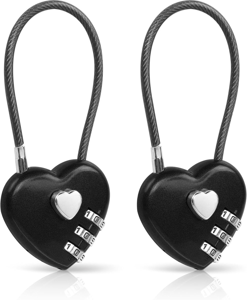 SnelShoppen - 2 Pack Combinatielock, 3-Cijfer Hart Hangslot voor School Gym Lockers, TSA Goedgekeurde Kabelkoffersloten, Sport Veiligheidsslot, Luggag