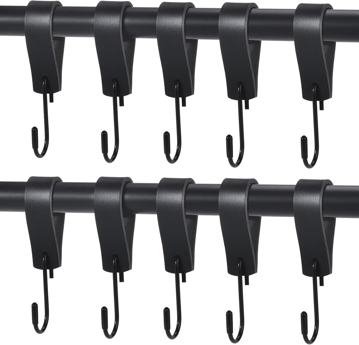 SnelShoppen - 10 stuks S-haken met zwarte leren lus, handgemaakte kledinghaken van echt rundleer en roestvrij staal voor garderobes, badkamer, camping