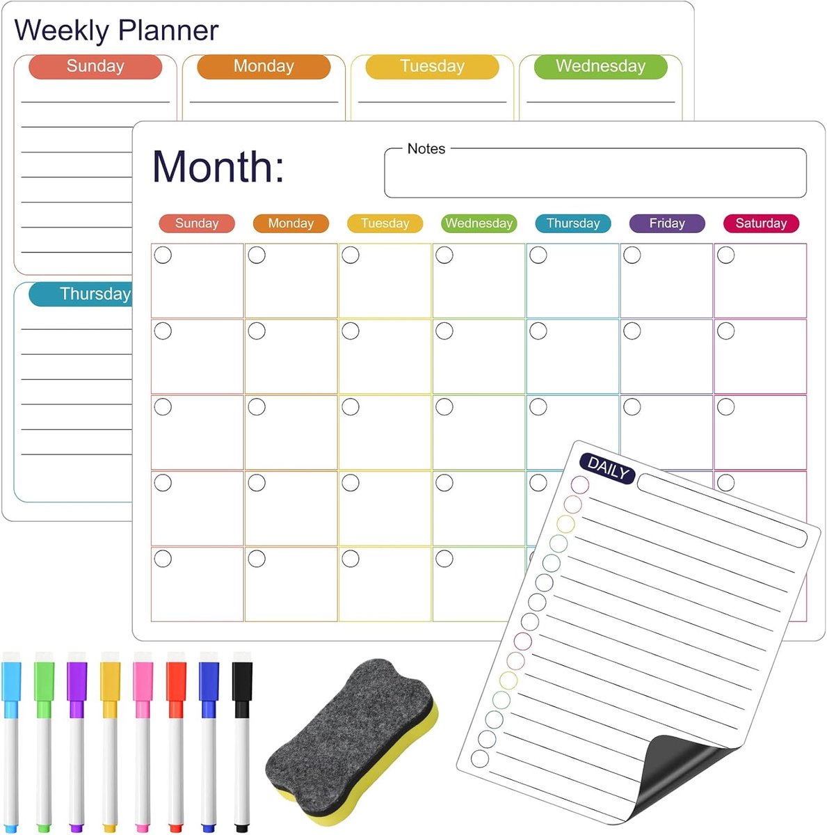 SnelShoppen - 12 Magnetische Borden Set voor Koelkast - 20x15 cm en 40x30 cm - Wekelijkse & Maandelijkse Planner - 8 Kleurige Markers & Spons - Organi