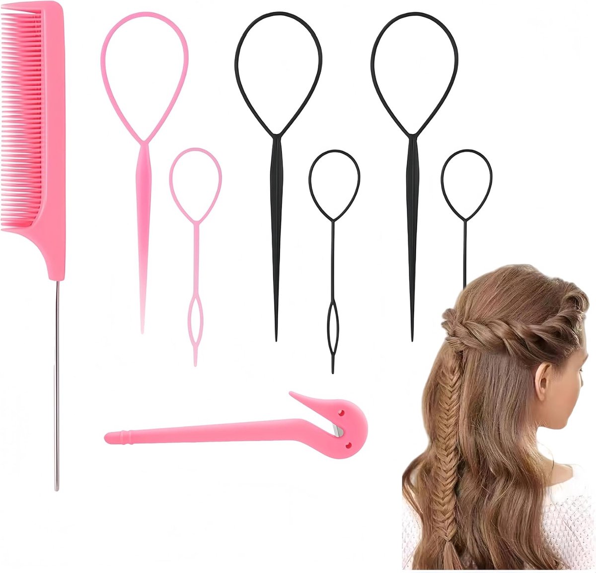 SnelShoppen - 8-delige haarstyling set voor vrouwen en meisjes, haar vlecht- en stylingtools, geschikt voor alle haartypes, flexibel en duurzaam plast