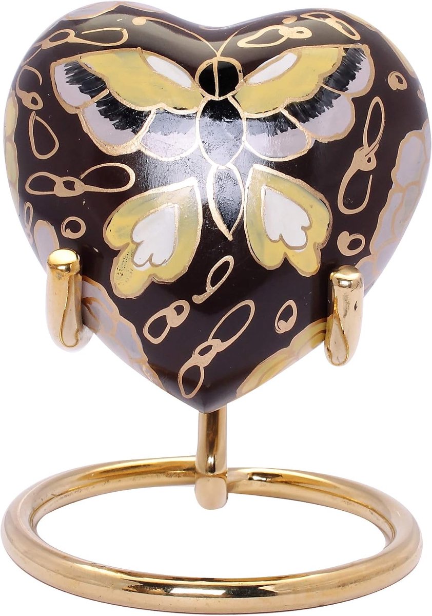 SnelShoppen - Small Keepsake Painted Heart Cremation Urn voor Ashes, Mini Hart Herinneringsurn met Stand & Velvet Doos (Bruine Vlinder)