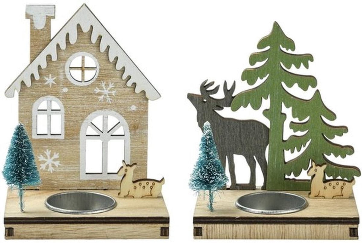 Airssory 2 Stijlen Handcraft Houten Kandelaars Kerst Houten Kaars Stand Huis Santa Elk Herten Hout Kandelaar Houder voor Xmas Tafel Decoratie