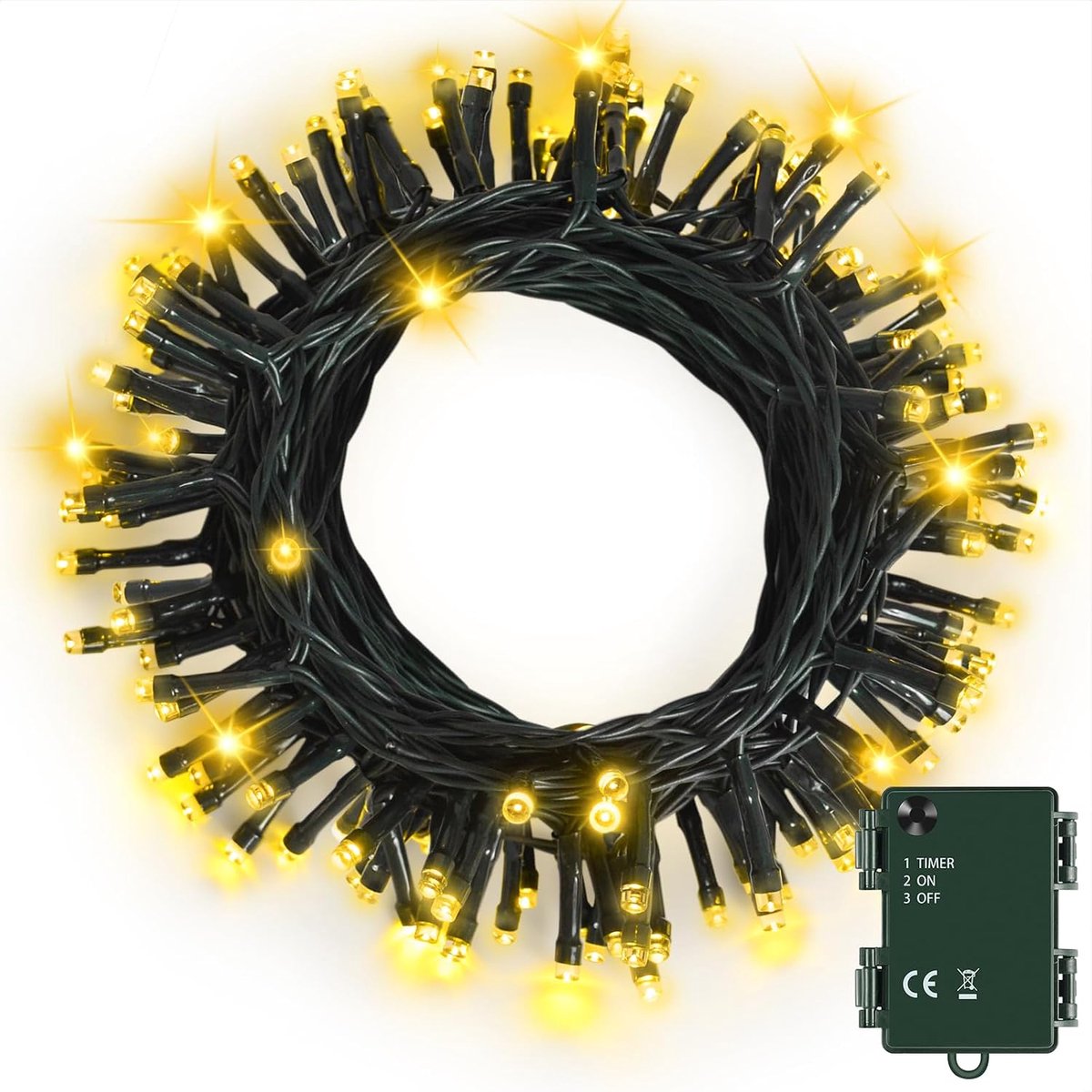 SnelShoppen - 10M 100LED Warm Witte Kerstverlichting met Timer - Batterij Gevoede LED Fairy Lights voor Binnen en Buiten - IP65 Waterdicht, Groene Kab