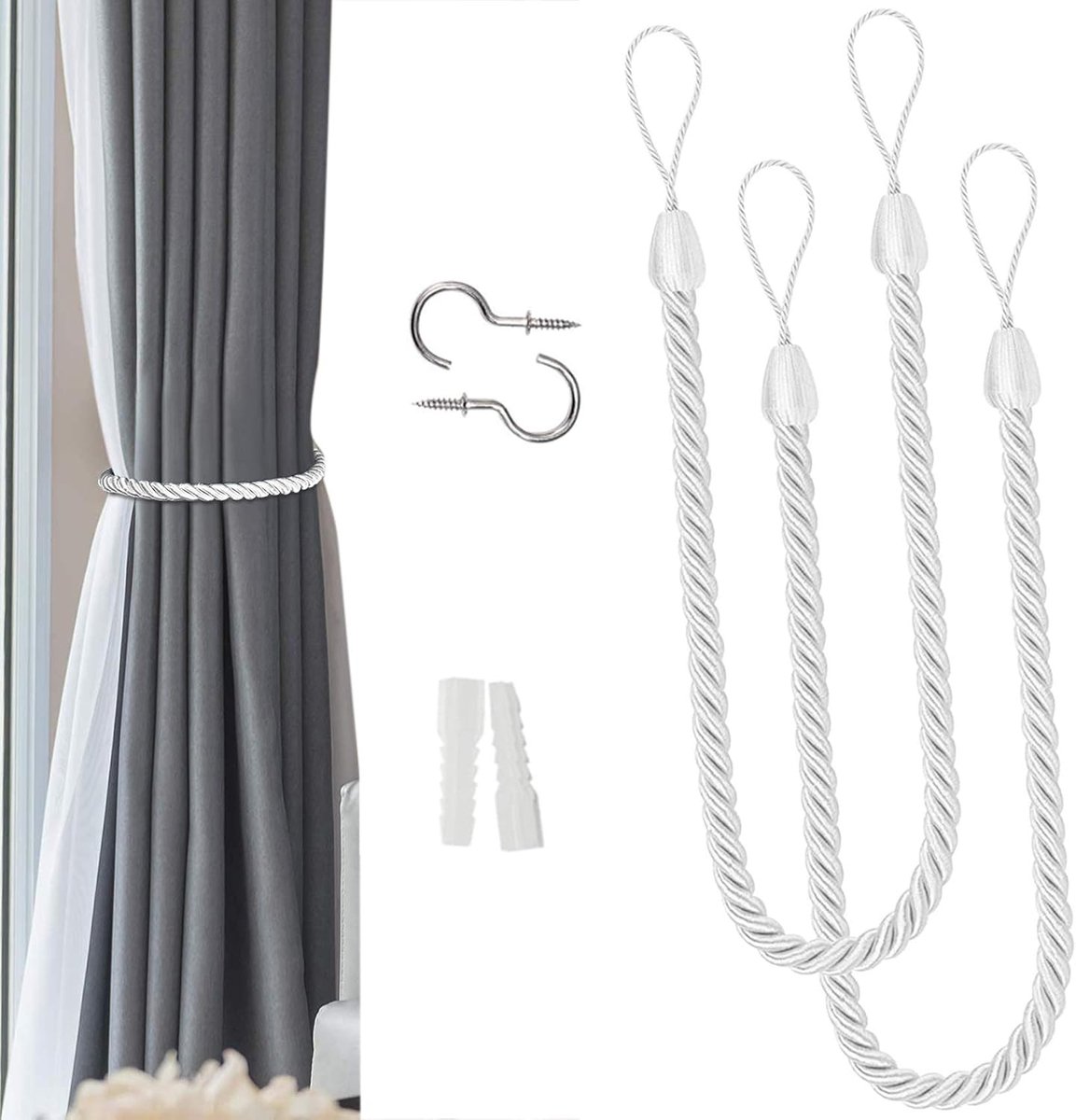 SnelShoppen - 2 Stuks Gordijn Tiebacks Buiten, Handgemaakte Natuurlijke Katoenen Touw Draperie Houders, Decoratieve Gordijntouw voor Lichte en Zware G