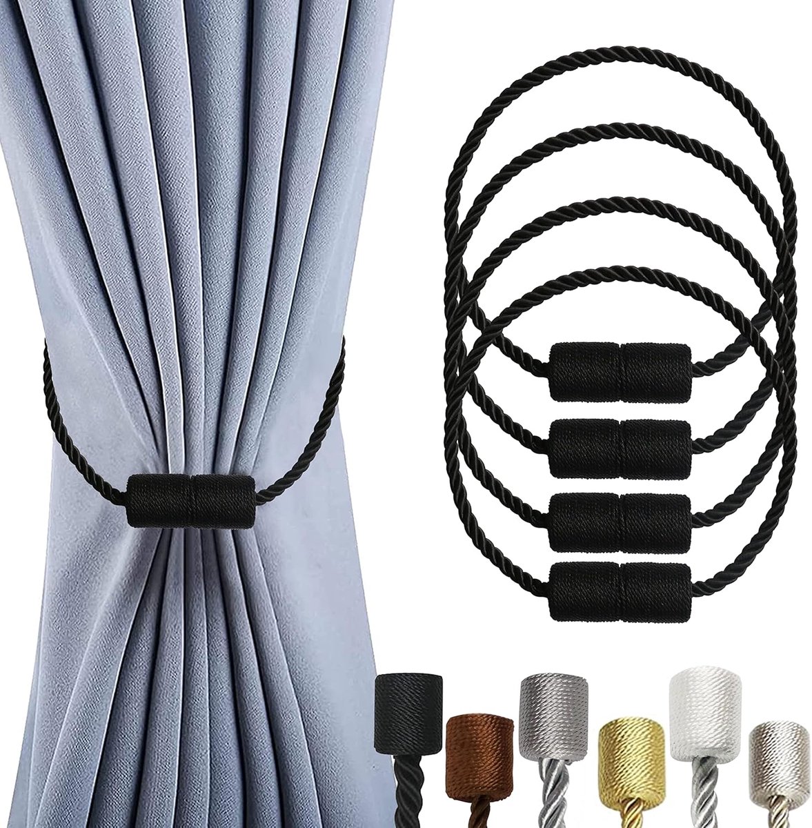 SnelShoppen - 4 Pack Magnetische Gordijn Kraaghouders met Dikke Draaikoord en Sterke Magnetische Achterkant voor Decoratieve Gordijnen, Kleurig, Duurz