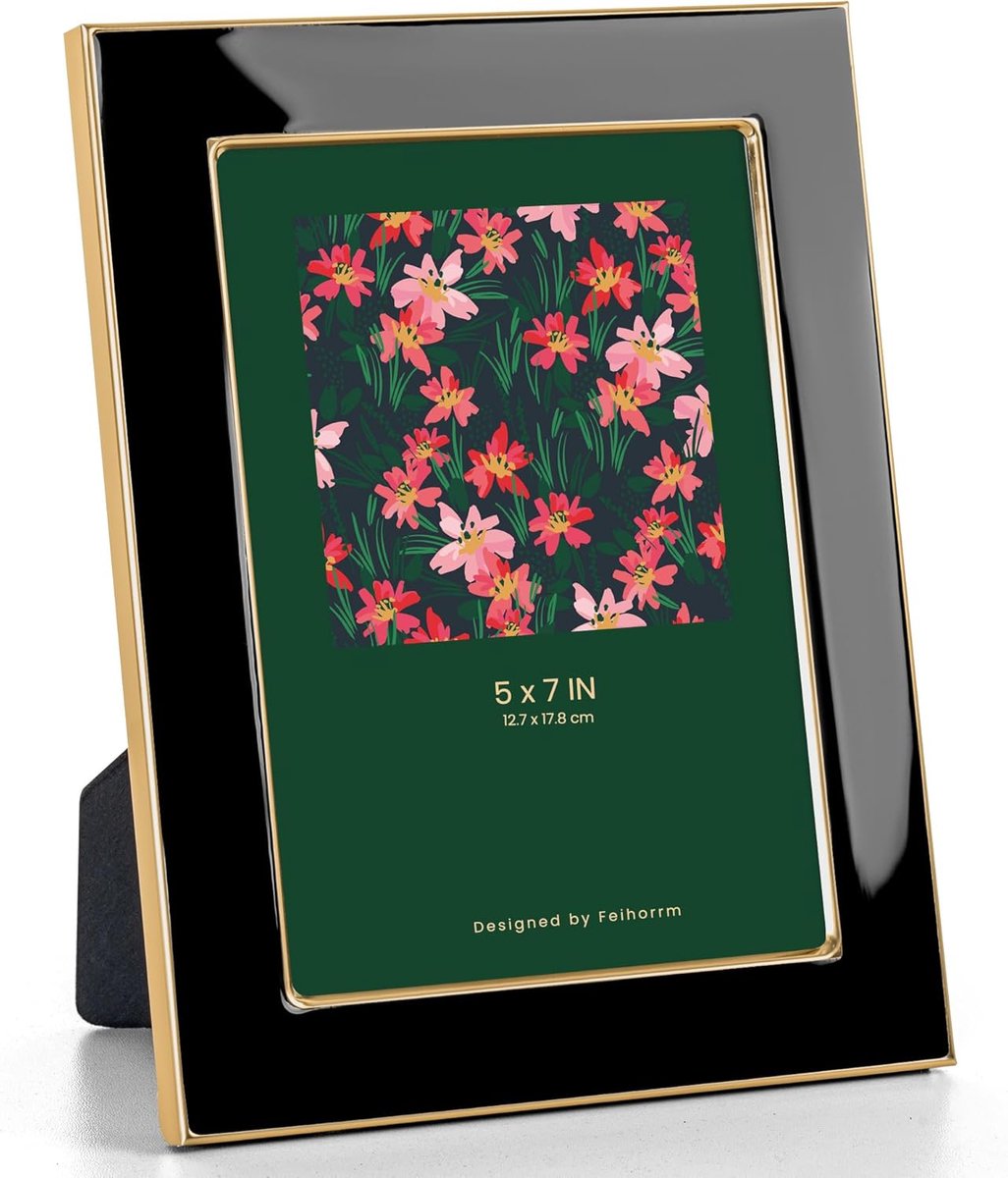 SnelShoppen - 5 x 7 Enamel Fotolijst Goud Metaal Rand met Easel, HD Gehard Glas Fotolijst voor Wand en Tafel, Verticaal of Horizontaal, Zwart