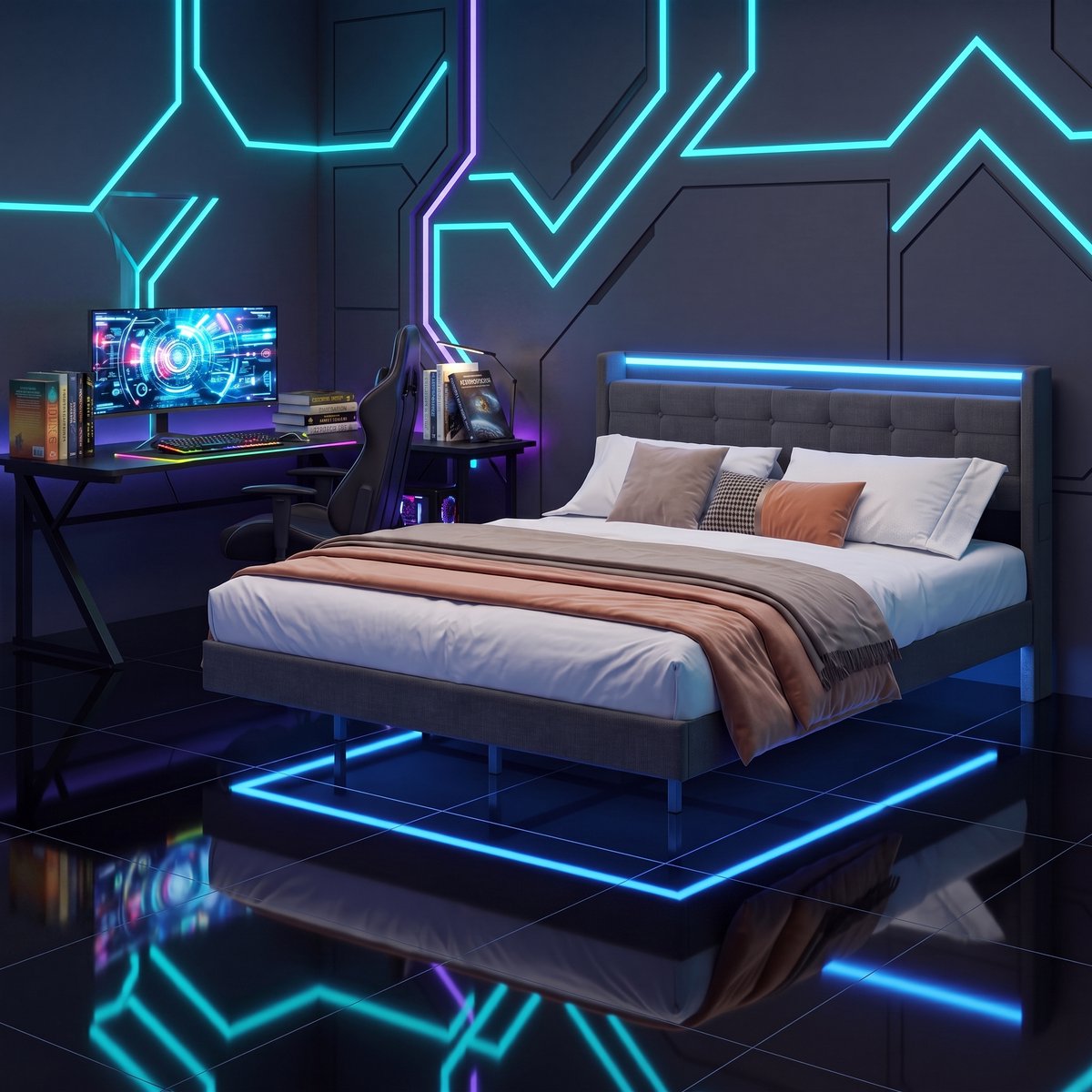 Bealife BF30 Bed - 160 x 200 cm - Gestoffeerd bed - Tweepersoonsbed - Zwevend Design - met LED-verlichting - Stopcontacten, USB & Type-C - Hoofdbord met Opbergruimte - Donkergrijs