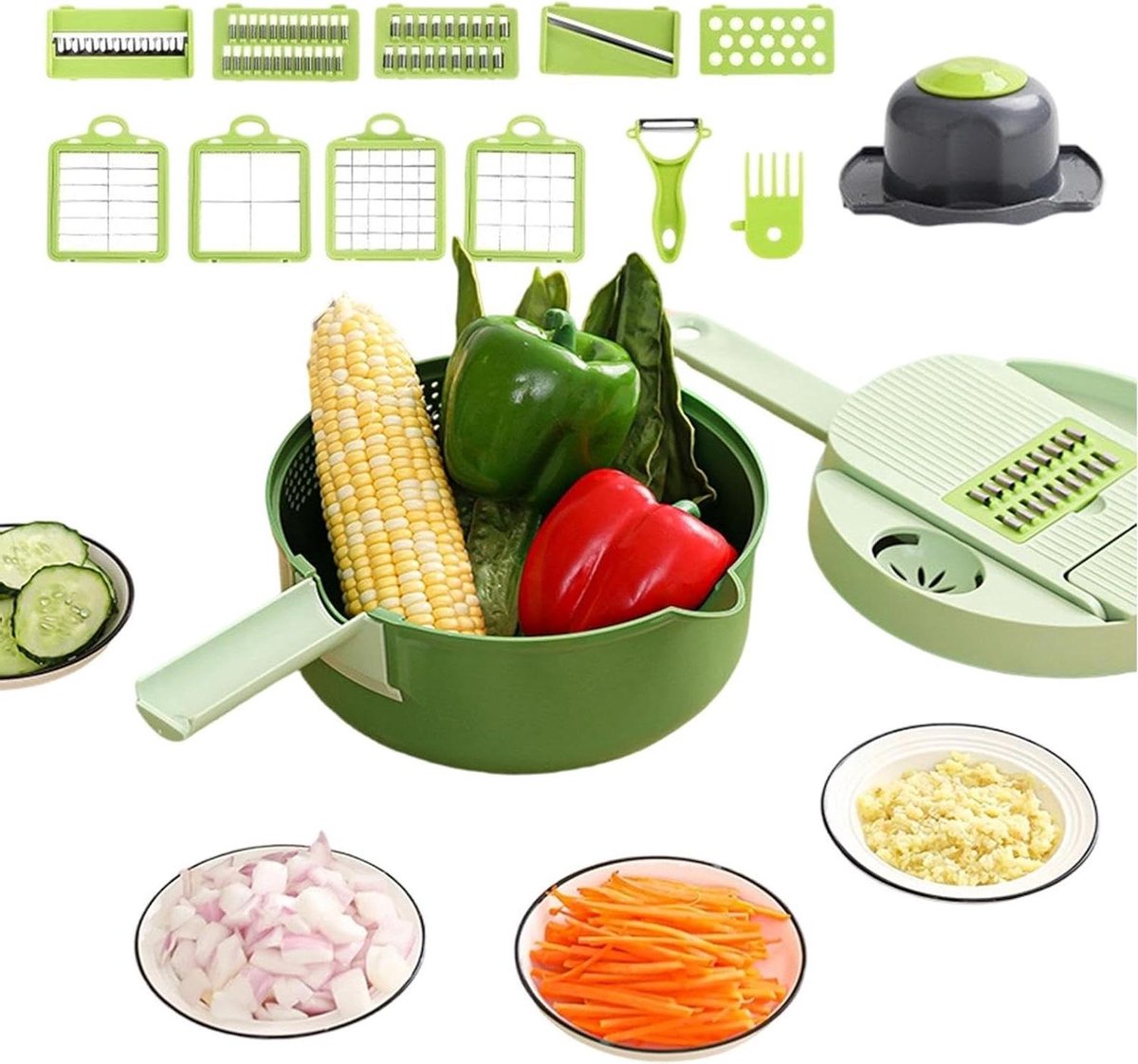 Groentesnijder 16-in-1 - Keukenmachine Hakmolen - Salades Bereiden - Multifunctioneel Snijsysteem - 20 x 20 x 13 cm - Grijs