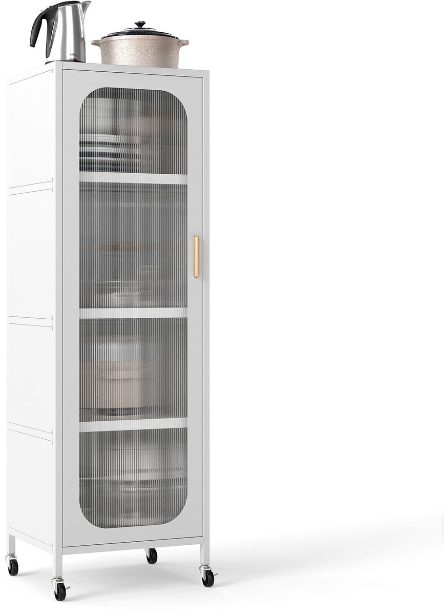 COSTWAY Keukenkast op Wielen, 5 Etagere's – Smalle Allroundkast met Verstelbare Planken & Halfdoorzichtige Deur, Metalen Archiefkast voor Keuken, Eetkamer, Badkamer of Woonkamer, Wit