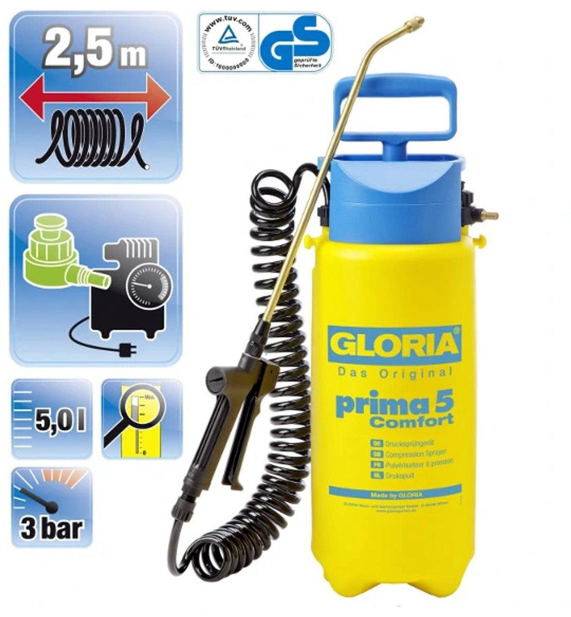 Bol.com Gloria Haus und Garten 000091.0000 prima 5 Comfort Drukspuit 5 l Compressoraansluiting, Spiraalslang aanbieding