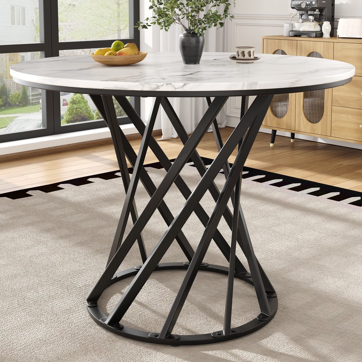 COVREO Eettafel 80x80x76 cm – rond, MDF tafelblad met marmerlook, metalen poten, voor 4 pe