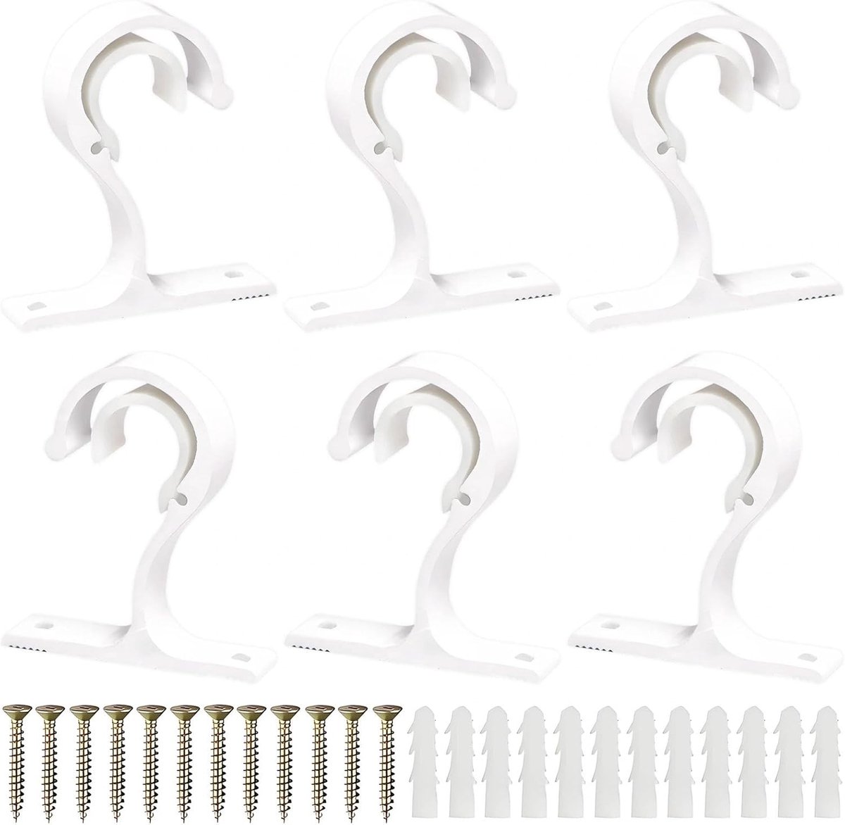 SnelShoppen - Pack van 6 Gordijnroede Houders Aluminium 25-28mm, Wit, Met Schroefbevestiging voor Plafond en Wandgebruik