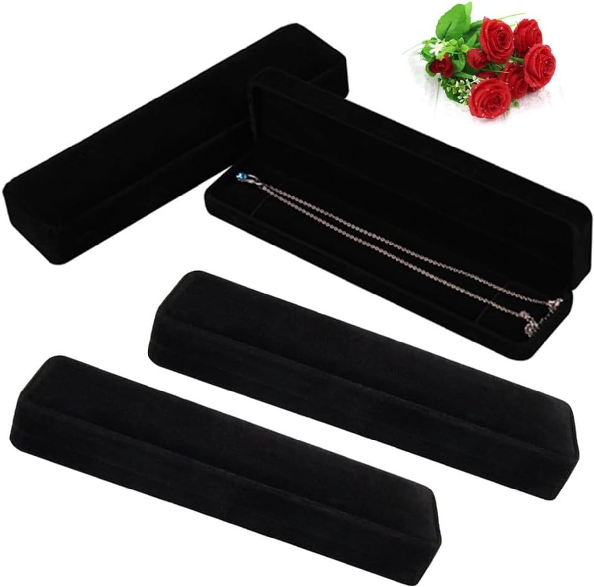 SnelShoppen - 4 Stuks Zachte Velvet Sieraden Dozen voor Kettingen en Armbanden - Luxe Geschenkdozen voor Verloving, Bruiloft, Moederdag - Zwarte Velve