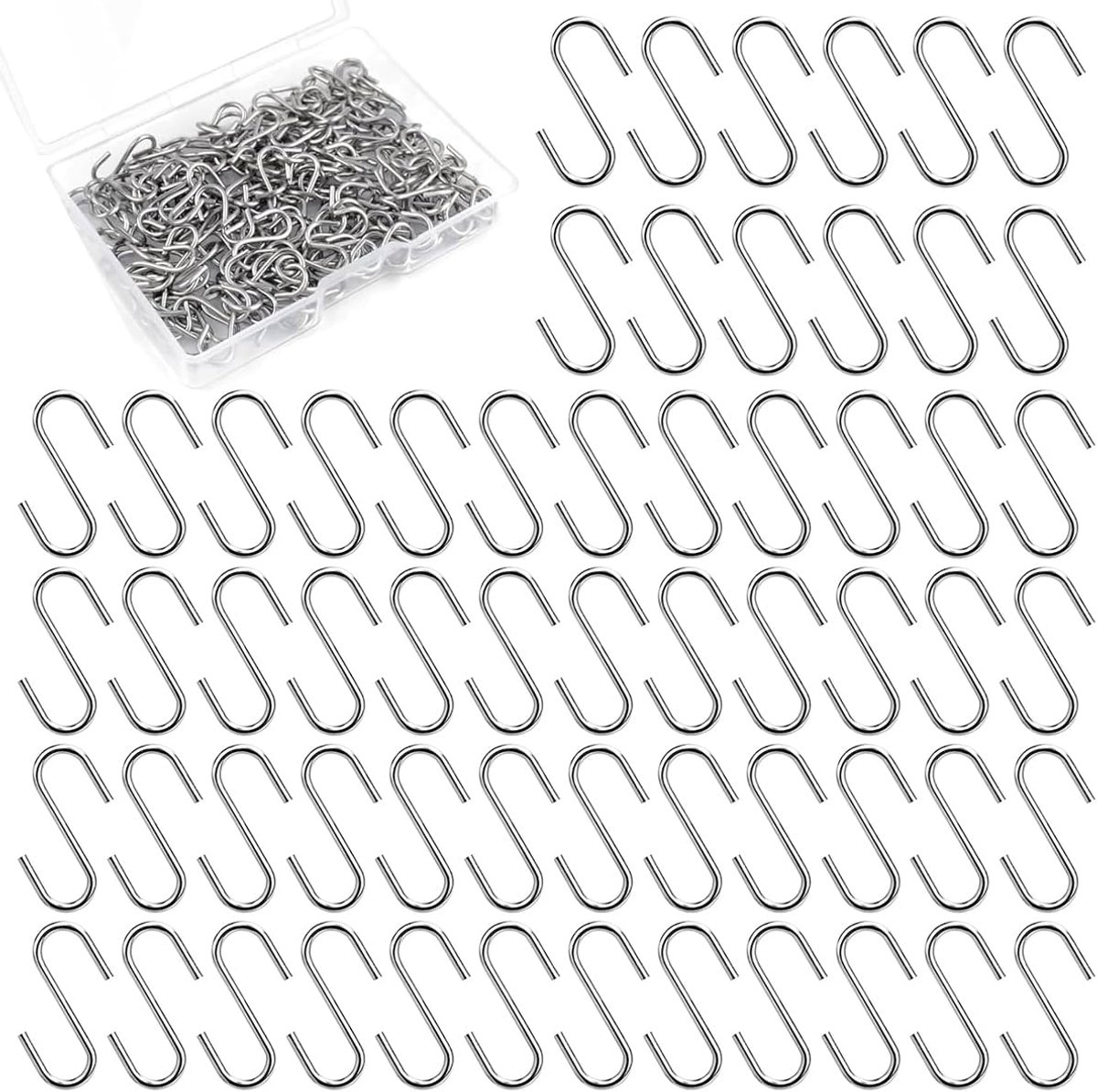 SnelShoppen - 200 Stuks Mini S Haken, 2mm Kleine S-Vormige Draadhaken, Herbruikbare Metalen Haken met Opbergdoos, Voor Sieraden, Hangers, Sleutelhange