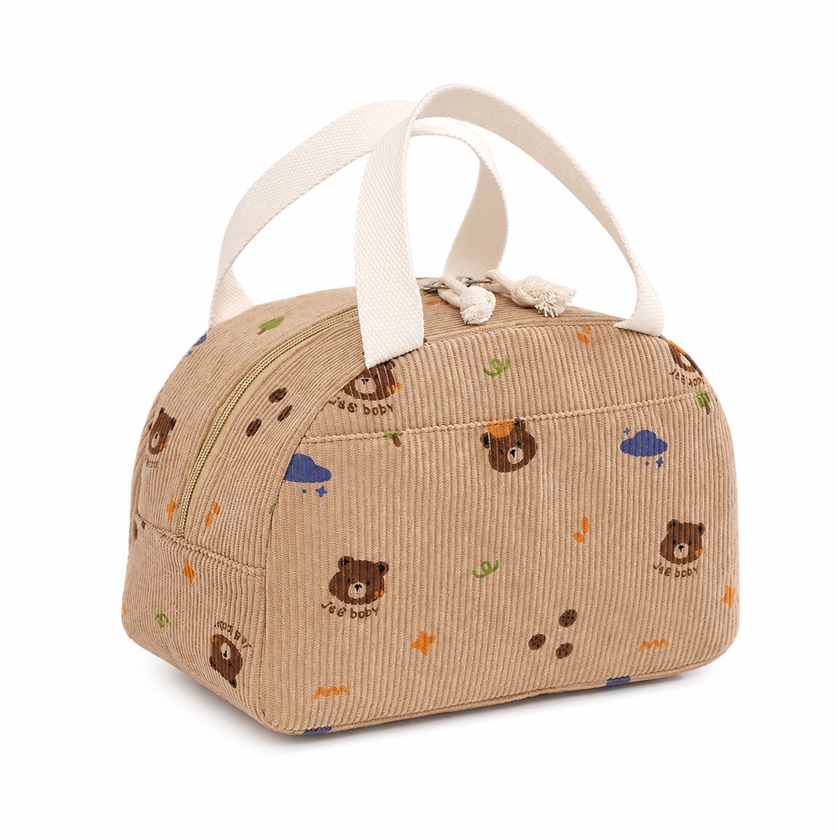 Geïsoleerde Lunchtas voor Dames - Ribfluweel Koeltas met Berenpatroon - Duurzame Lunchtas voor Werk, School en Picknick - 25x19x14cm