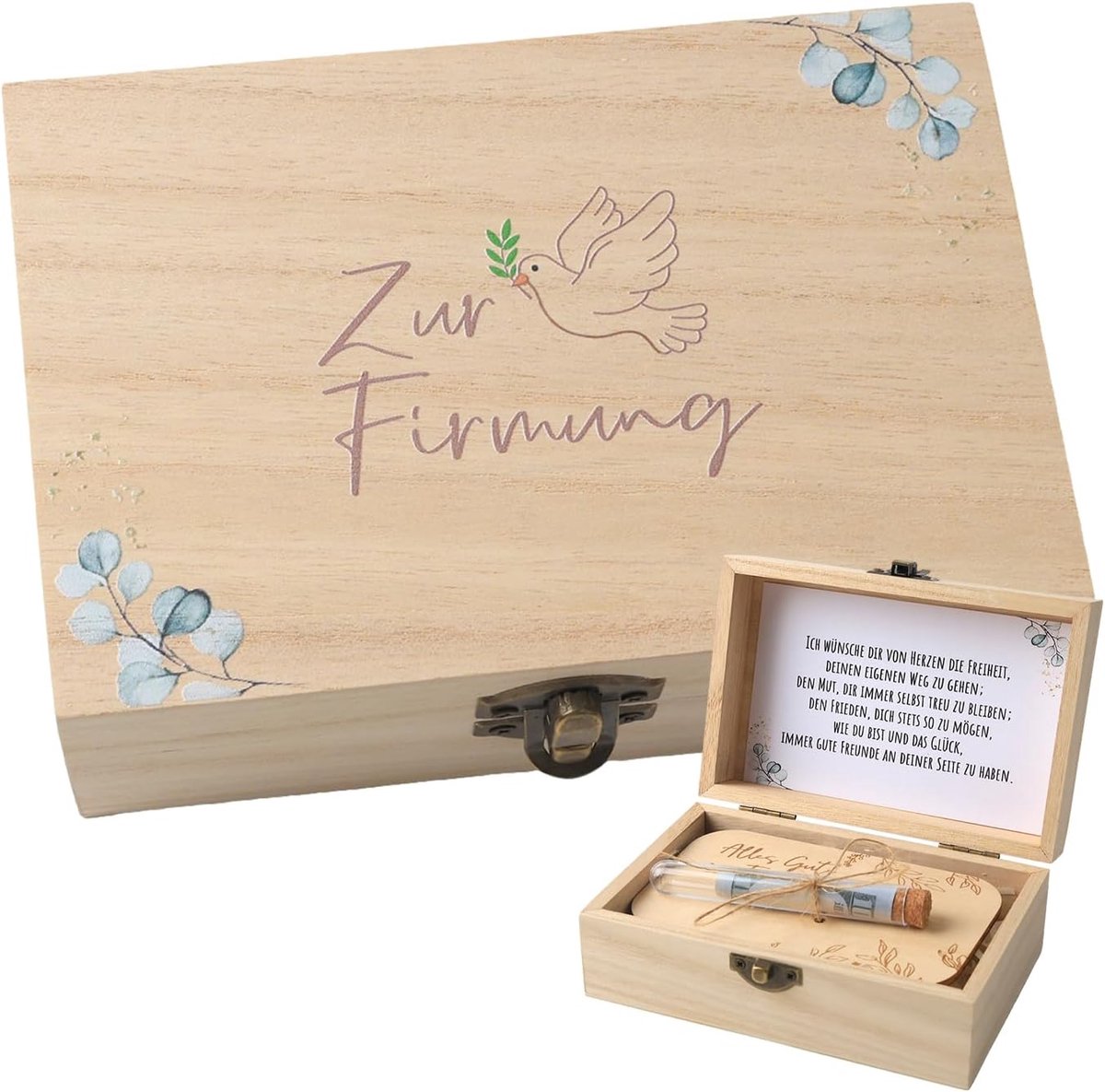 SnelShoppen - 5-delige vormselgeschenken set met wenskaart, reageerbuisje, Raffia, houten kaart, verpakking voor geldgeschenken - 14,5 x 10,5 x 6,5 cm