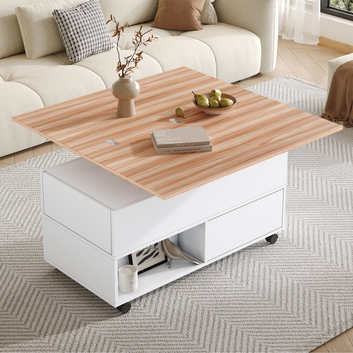 COVREO Salontafel 100 x 50 x 52 cm wit houtkleur, opklapbaar, 4 lades