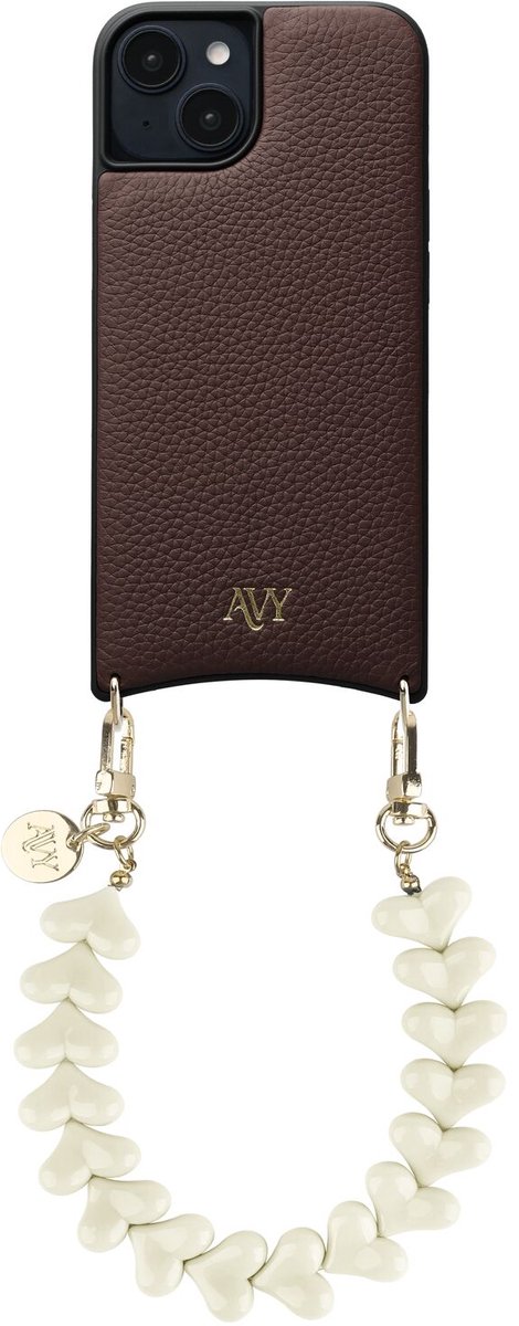 AVY Leren Hoesje geschikt voor Apple iPhone 13 / 14 | Compatibel met MagSafe | Leather Back Cover met Telefoonkoord 30CM | Polsband | Bruin | Cupid Beige