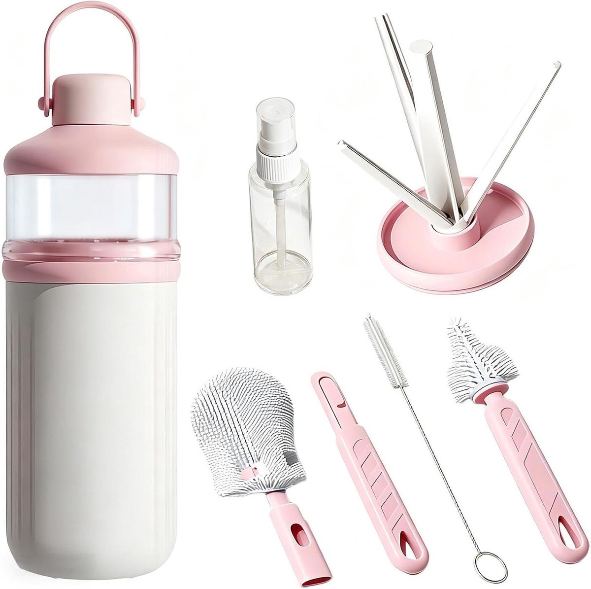 Flessenborstel Set - Fles Reiniger - Kinderflessen Schoonmaken - Voedselveilig Materiaal - 21 cm Lengte - Roze