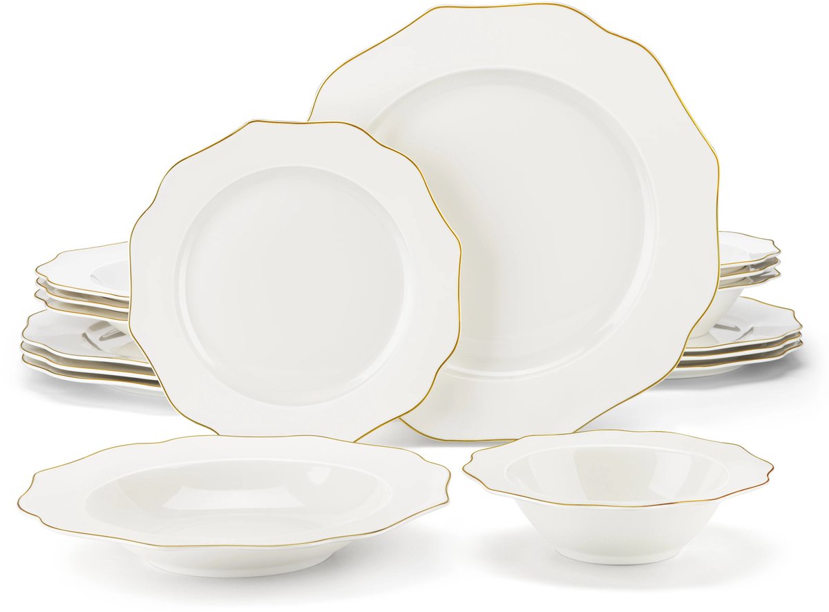 Home & Beyond® 16-delige Serviesset – Wit met Goudkleurige Rand – Porselein – Servies voor 4 Personen – Inclusief Dinerborden, Soepborden, Ontbijtborden en Kommen
