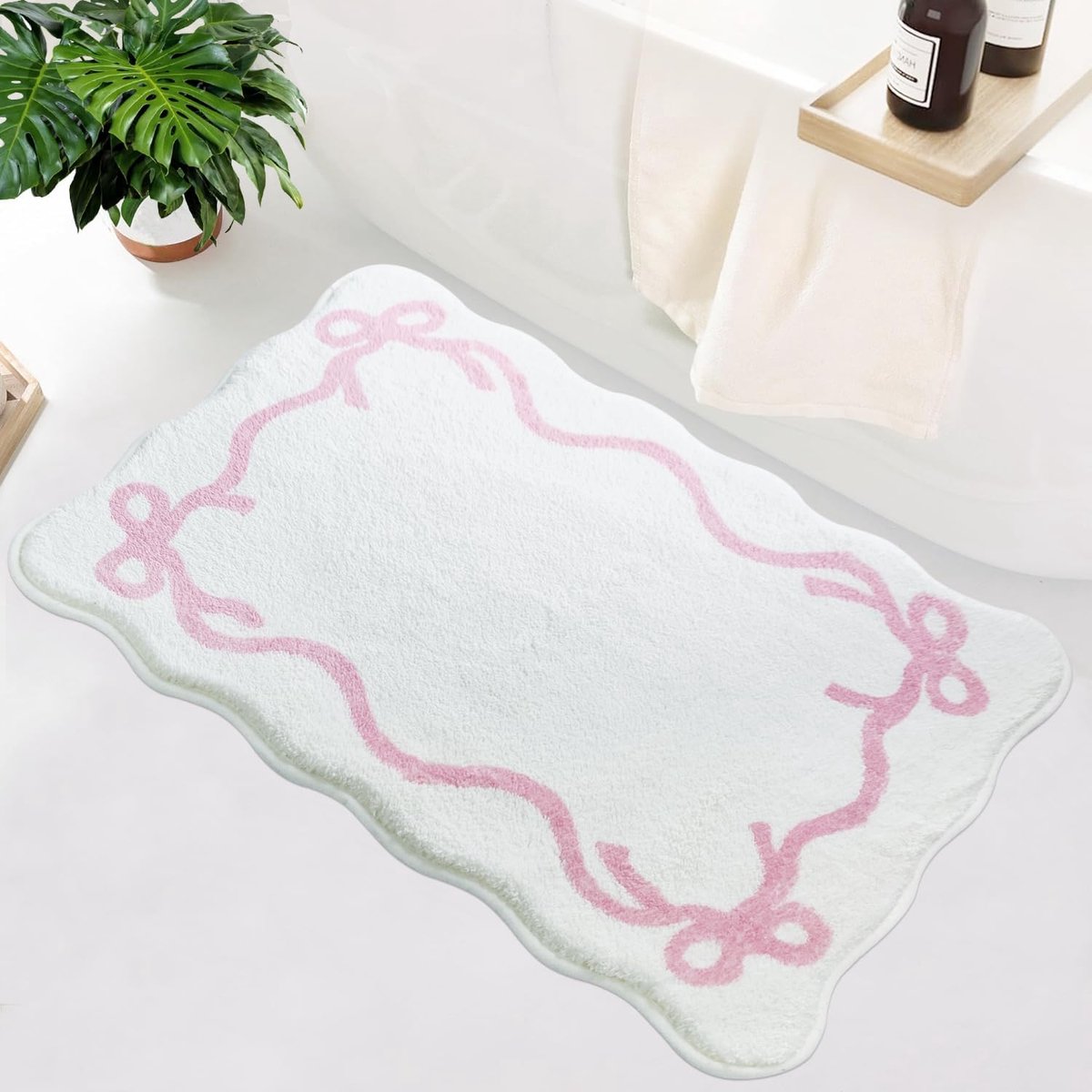 Golvende, gebogen badkamermat, delicate en schattige antislipmat, preppy microvezel kamerdecoratie, zachte baddecoratie (60×90 cm roze)