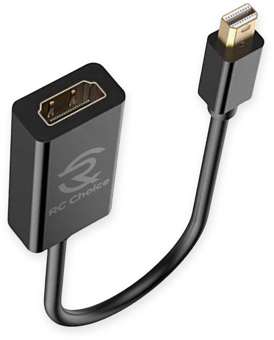 Zwarte Mini Displayport naar HDMI adapterkabel met RC Choice logo.
