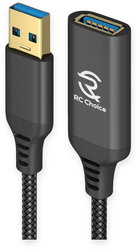 Zwarte USB 3.0 verlengkabel met gouden connectoren en gevlochten mantel.