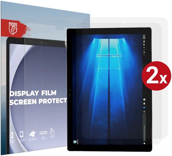 Twee display film screen protectors voor tablets, met iconen voor ultra dun design, edge-to-edge bescherming, vuilafstotende beschermlaag, perfecte hechting en gevoelige aanraking.