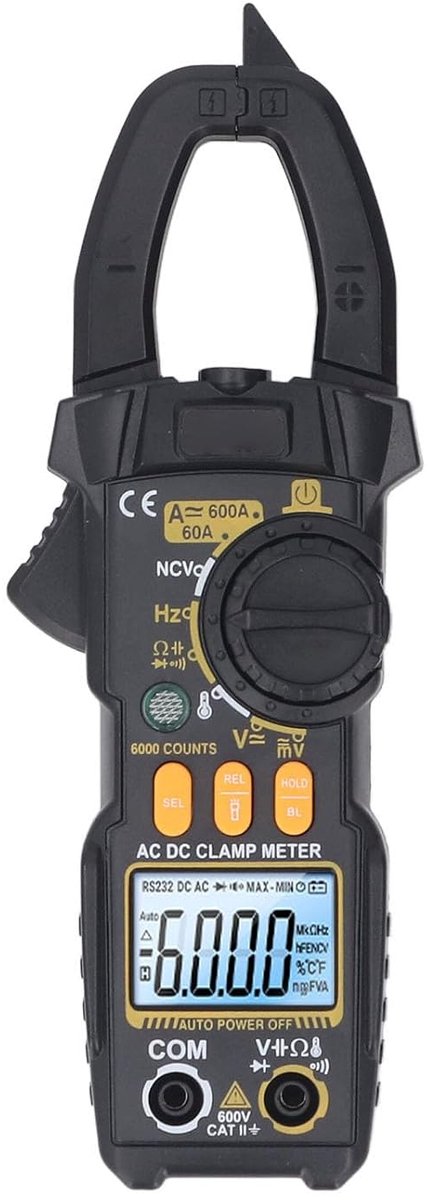 Digitale Stroomtang - Multimeter Tester - Elektrische Metingen - 6000 Tellingen LCD - 600A - Zwart