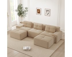 DESMIU U-Bank 293 x 177 x 69 cm - Modulaire Cloudbank Met Ottoman En Diepe Zitting - Voor Woonkamer - Corduroy Stof - Beige