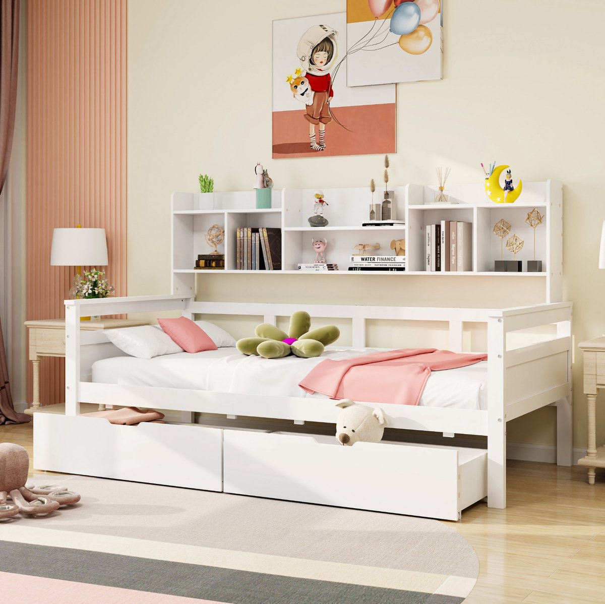 COVREO Slaapbank 90 x 200 cm - wit, hout, met opbergruimte en bedlades