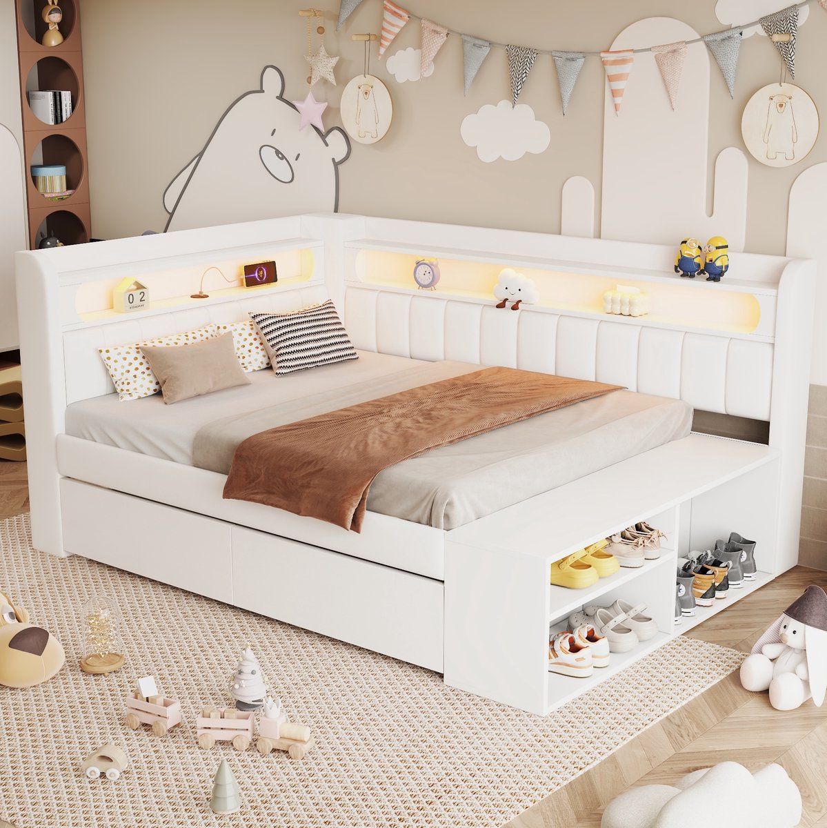 COVREO Slaapbank 90x200 cm wit MDF, USB, LED en 2 lades met schoenkast