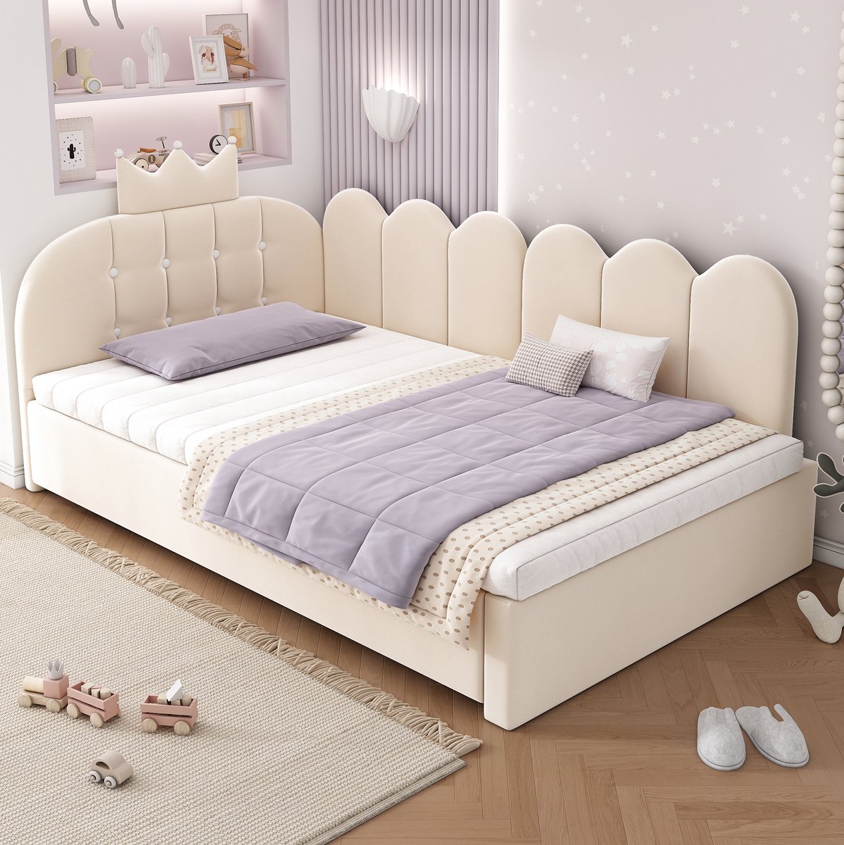 COVREO Bedbank 90x200 cm beige met uitziehbed, kroonhoofdeinde, zonder matras