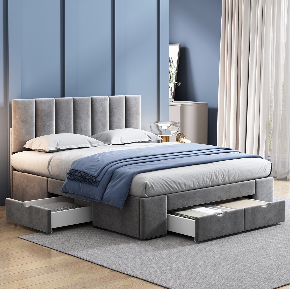 COVREO Bedframe 140x200 cm 142 cm grijs, samten stof, 4 laden, zonder matras