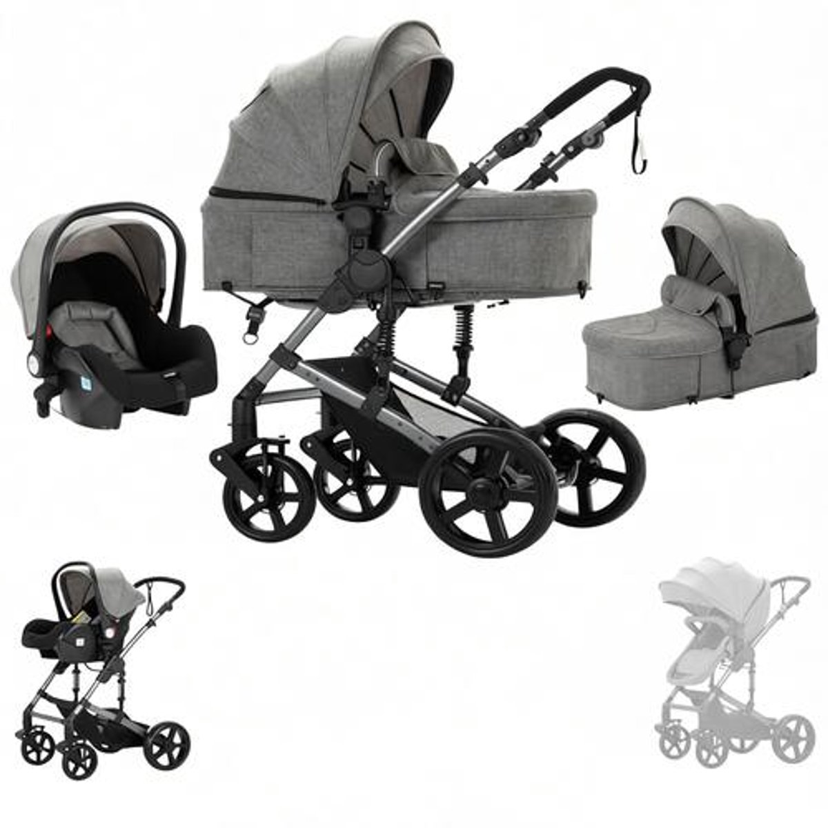 3-in-1 Kinderwagen, Hoge Zichtbaarheid, Opvouwbaar, Aluminium Frame, Reissysteem voor Baby's (Grijs)