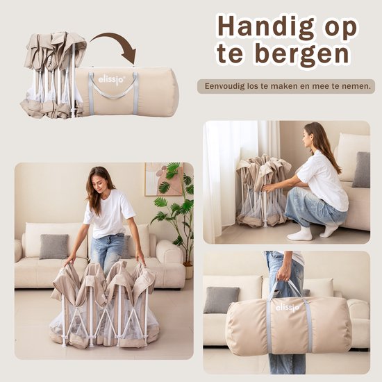 Beige grondbox wordt ingeklapt tot een compacte tas. Handig op te bergen en mee te nemen.