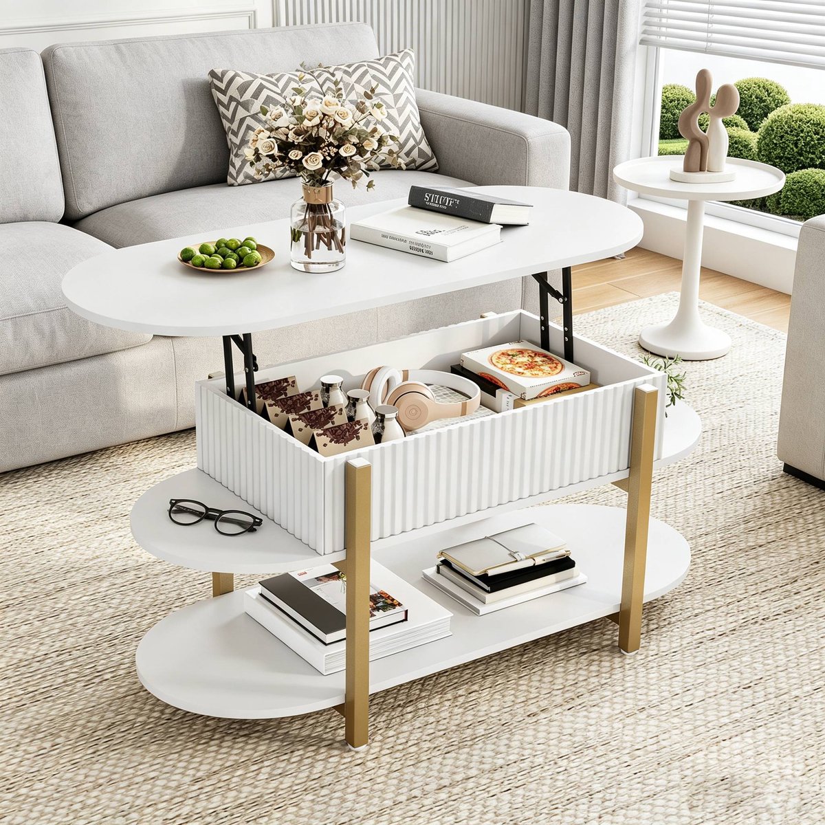 Ovaal Salontafel met Hefmechanisme en Opbergruimte, Moderne Koffietafel met Open Planken, Salontafel Afgerond voor Woonkamer en Kantoor, 106 x 45 x 50 cm, Wit